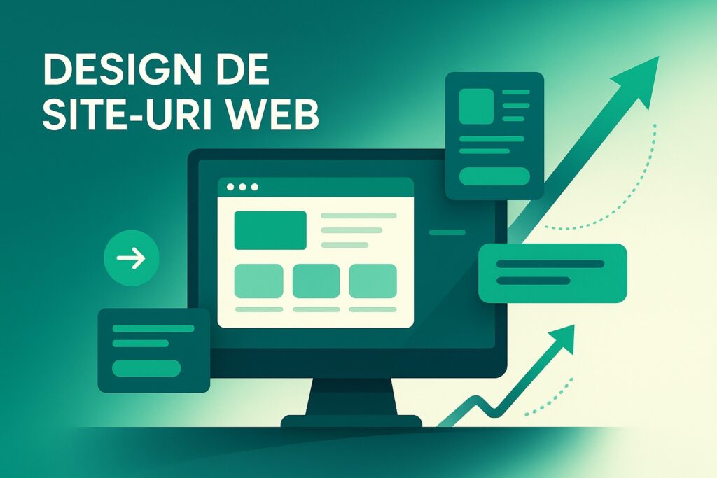 Ilustrație în nuanțe de verde: monitor cu schemă de pagină, carduri UI și săgeți ascendente, reprezentând serviciul Ascend de design de site-uri web.