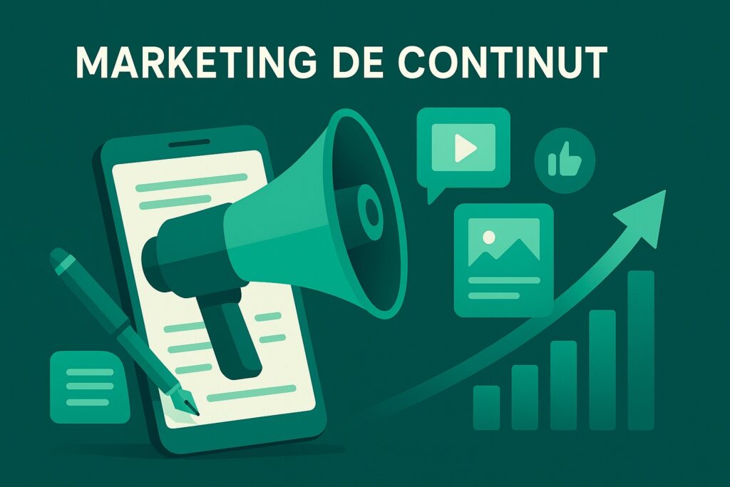 Ilustrație verde cu megafon, smartphone și grafic ascendent, simbolizând serviciile Ascend de marketing de conținut.