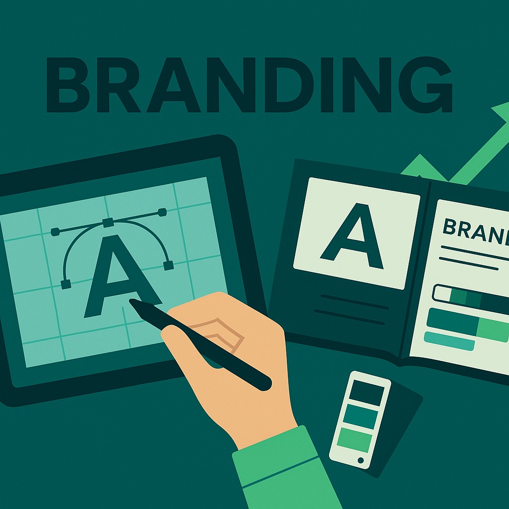 Ilustrație Ascend pentru servicii de branding – designer care schițează logo-ul pe tabletă, manual de brand și paletă de culori verde, simbolizând creștere și identitate vizuală.