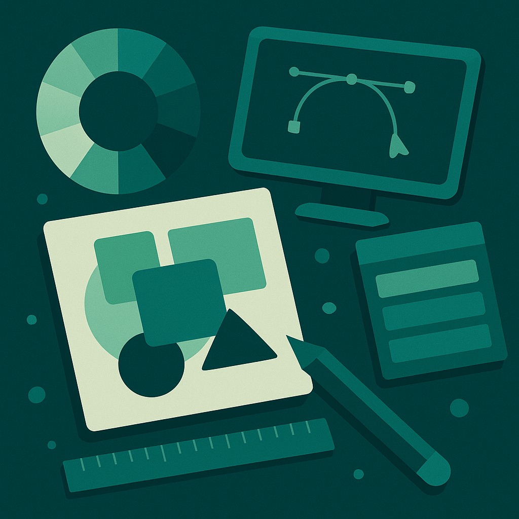 Ilustrație flat în nuanțe de verde cu roata culorilor, monitor cu curbă Bézier, artboard cu forme geometrice, riglă și stylus – elemente ce reprezintă procesul de design grafic.