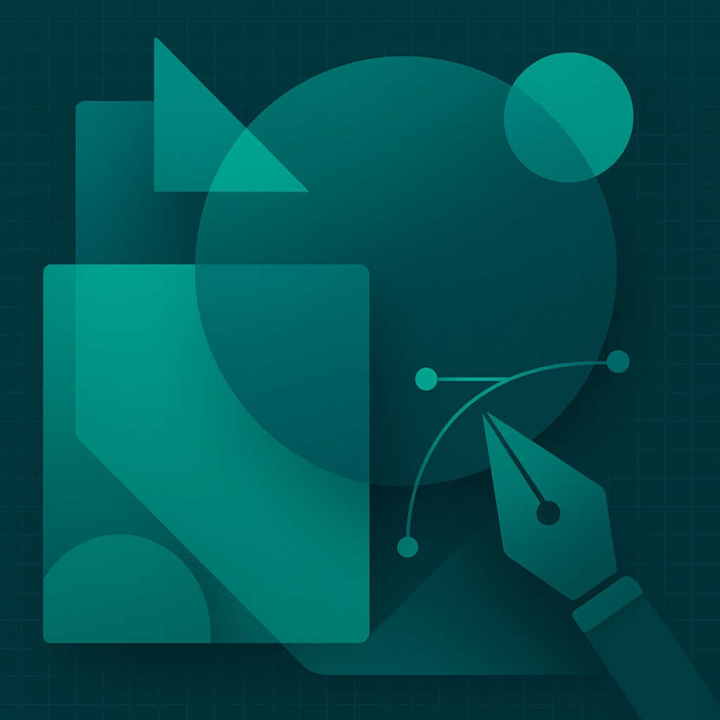 Ilustrație flat în nuanțe de verde cu roata culorilor, monitor cu curbă Bézier, artboard cu forme geometrice, riglă și stylus – elemente ce reprezintă procesul de design grafic.