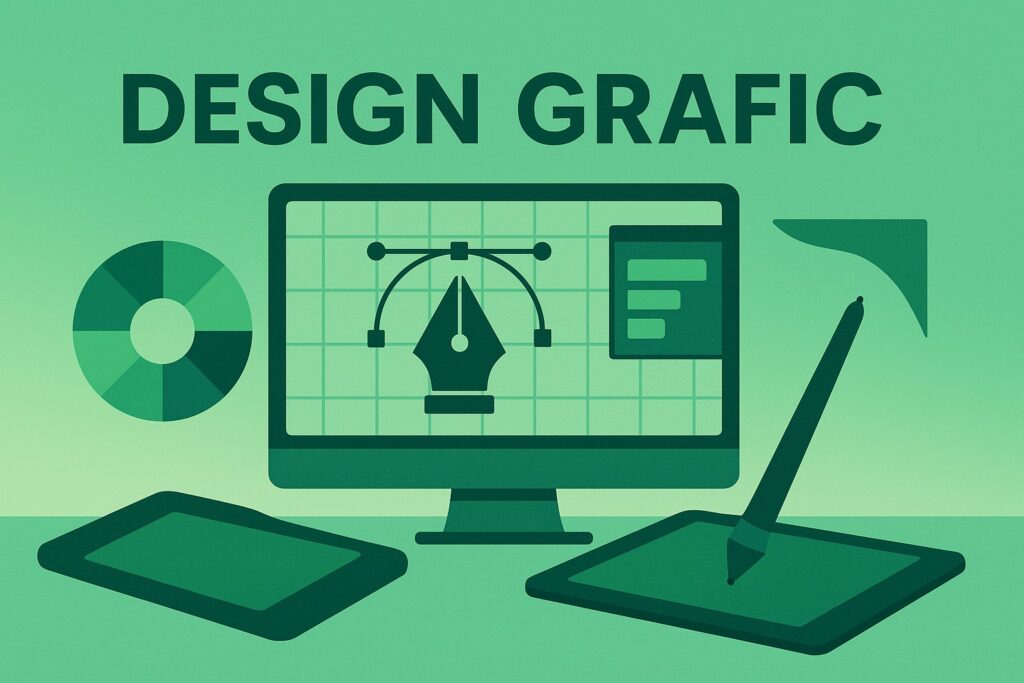 Ilustrație Ascend pentru servicii de design grafic – monitor cu pen-tool vectorial, tablete și roată de culori verde, sugerând procesul creativ și expertiza în realizarea de materiale vizuale.
