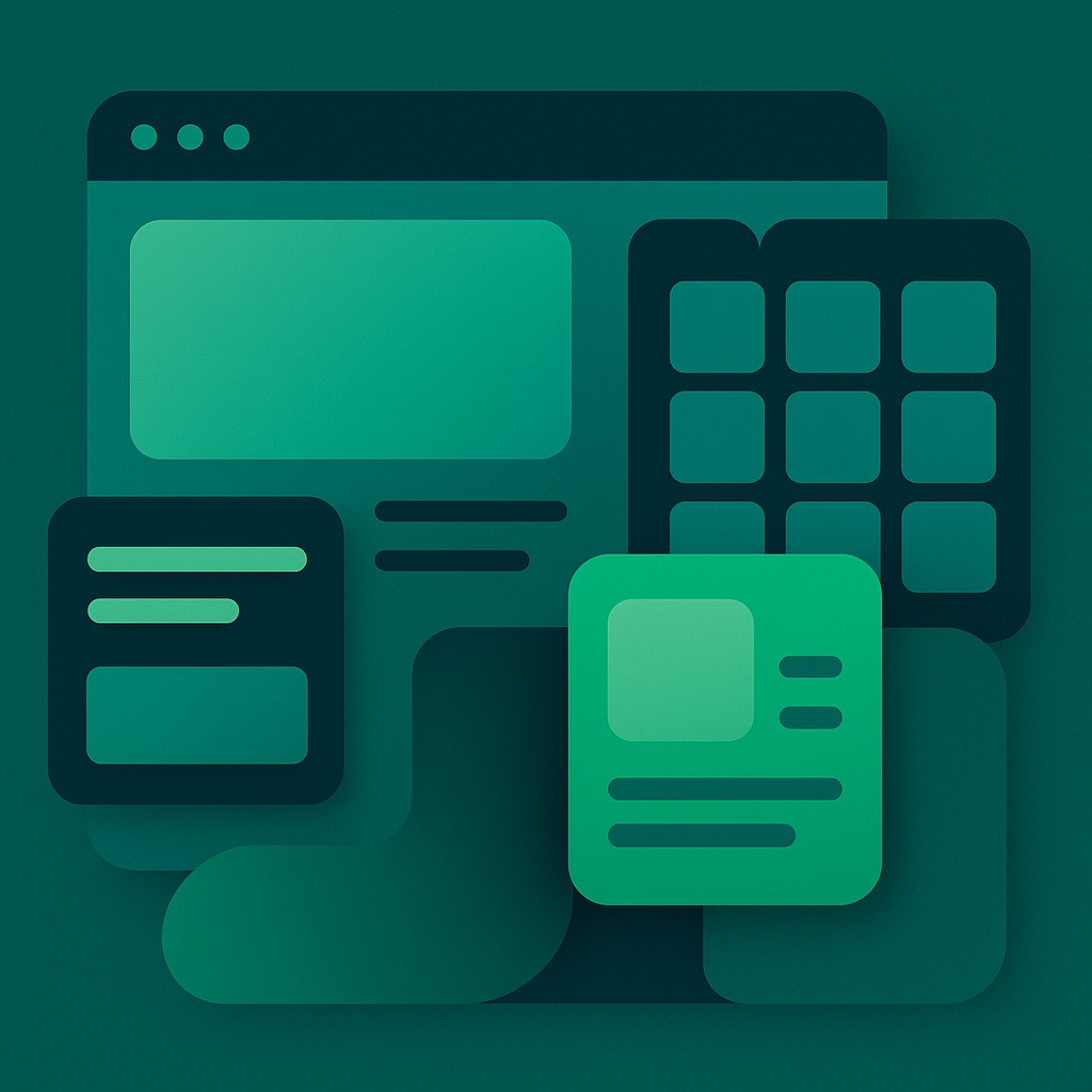 Ilustrație isometrică în nuanțe verde-teal (#37b783, #348577, #0b2827) cu fereastră de browser, grid UI și cursor, reprezentând un design web modern, responsiv și centrat pe utilizator.