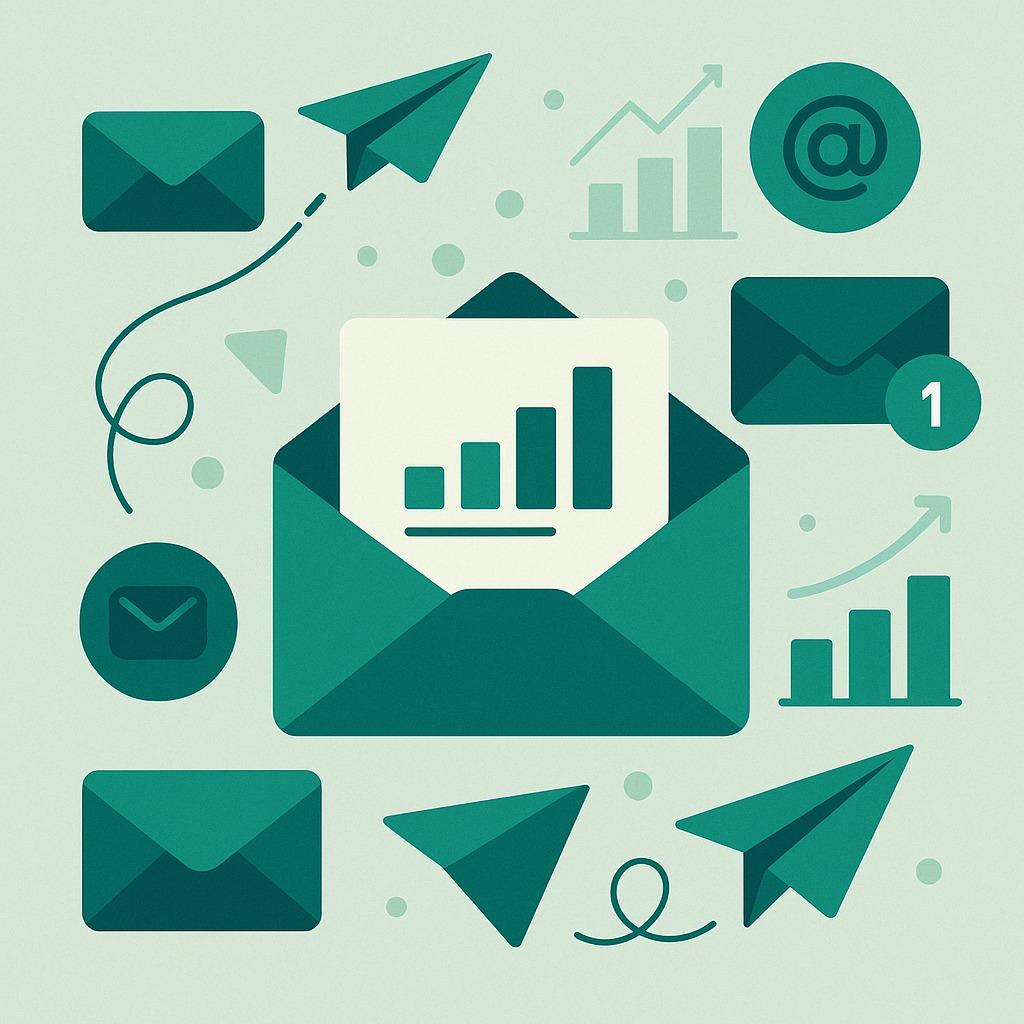 Ilustrație stil flat cu lupă, săgeată ascendentă și plic deschis, simbolizând sinergia dintre SEO și Email Marketing pentru creșterea vizibilității și conversiilor.