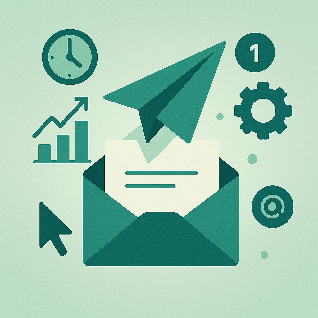 Ilustrație stil flat cu lupă, săgeată ascendentă și plic deschis, simbolizând sinergia dintre SEO și Email Marketing pentru creșterea vizibilității și conversiilor.