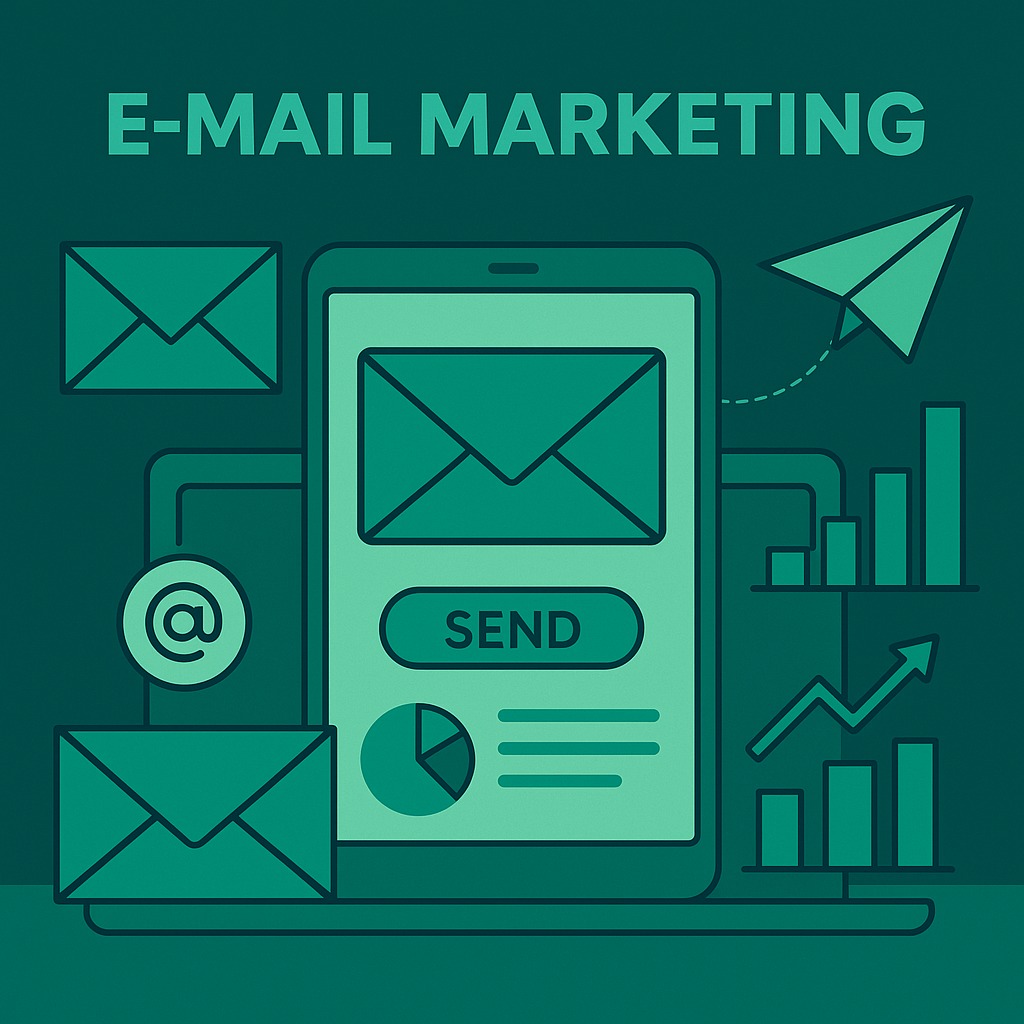 Ilustrație Ascend pentru servicii E-mail Marketing – laptop și smartphone cu buton Send, plicuri, simbol @, grafice de performanță și avion de hârtie verde, sugerând livrarea rapidă și creșterea conversiilor.