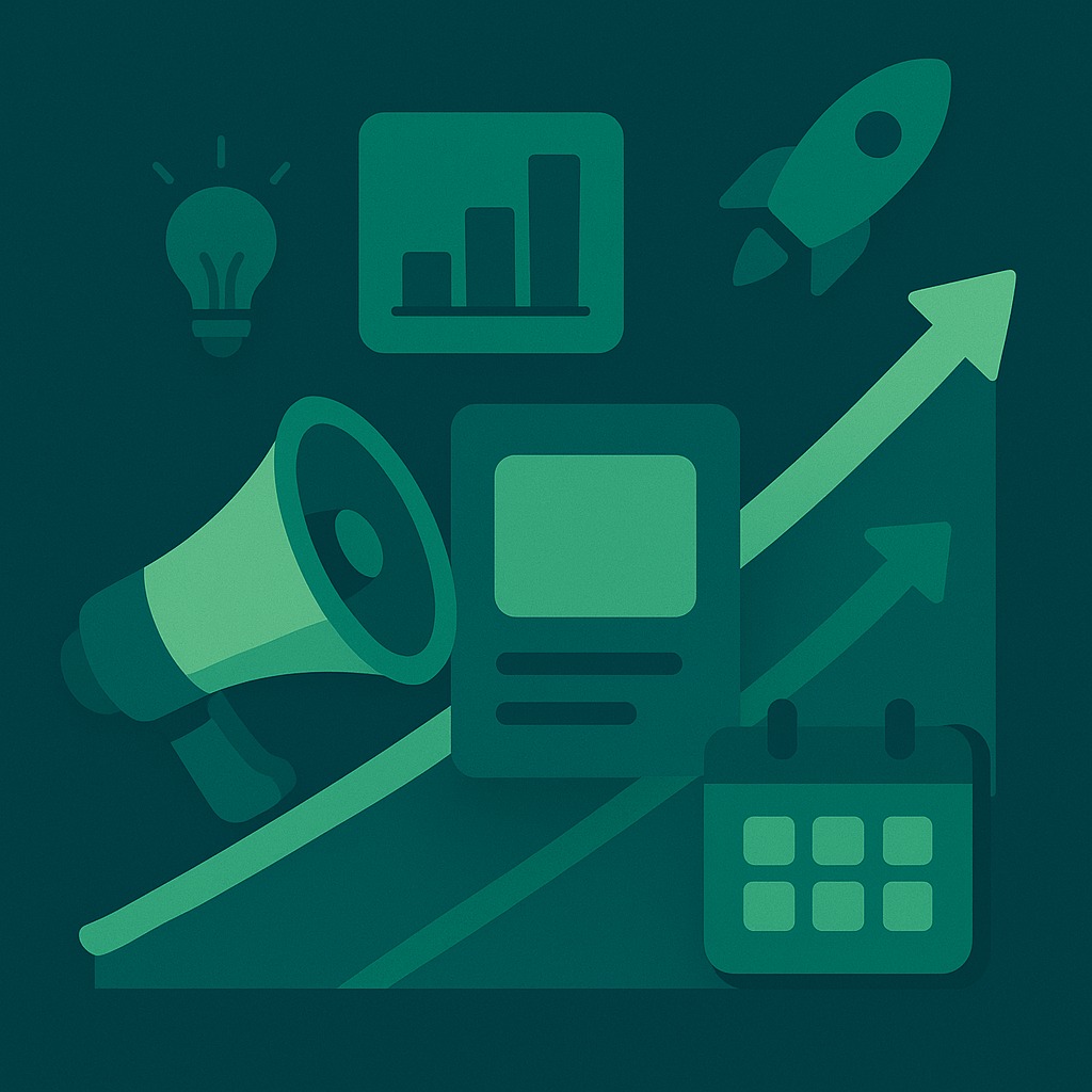 Ilustrație flat-style în nuanțe verde-teal (#37b783, #348577, #0b2827) cu pâlnie de funnel, megafon, card de articol, rachetă, balon de chat și creion, traversate de un val serpuit care simbolizează fluxul de marketing de conținut.