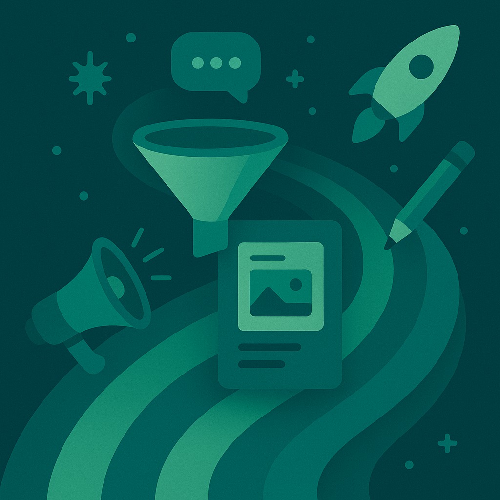 Ilustrație flat-style în nuanțe verde-teal (#37b783, #348577, #0b2827) cu pâlnie de funnel, megafon, card de articol, rachetă, balon de chat și creion, traversate de un val serpuit care simbolizează fluxul de marketing de conținut.