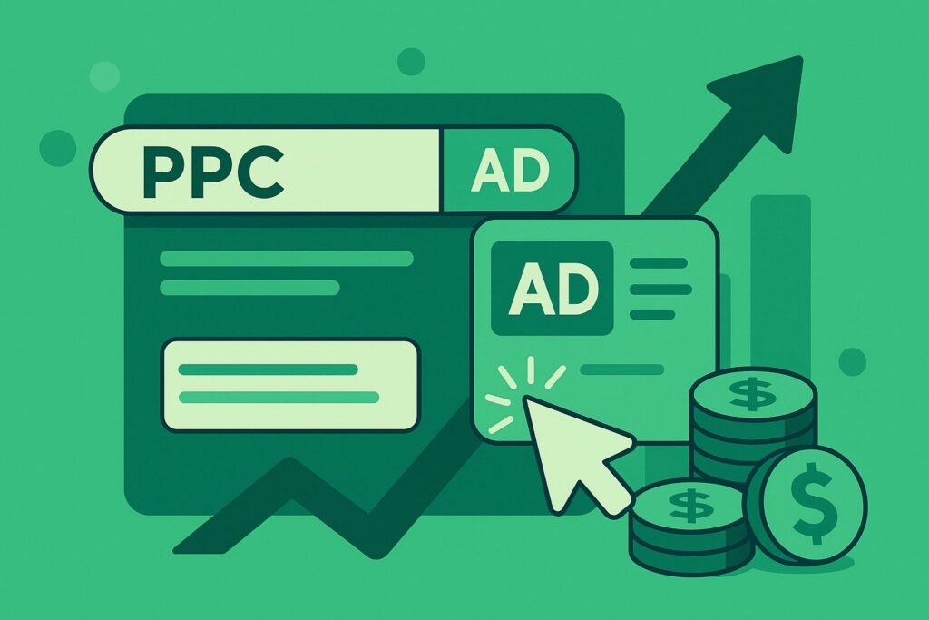 Ilustrație în nuanțe de verde: bară de căutare „PPC”, card „AD”, cursor de click și grafic ascendent, simbolizând serviciile Ascend de publicitate pay-per-click.