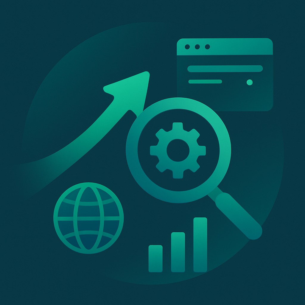 Ilustrație stil flat: o rachetă verzuie lansată dintr-un laptop, înconjurată de iconuri SEO (lupă, link, gear, browser și grafic ascendent) pe fundal teal închis.
