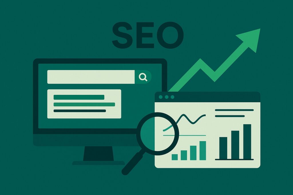 Ilustrație Ascend pentru servicii SEO – monitor cu rezultate de căutare, dashboard cu grafice verzi, lupă și săgeată ascendentă, sugerând creșterea vizibilității online.