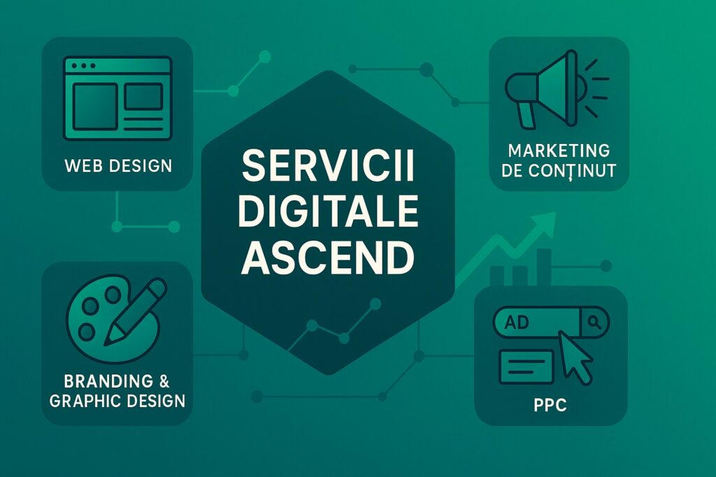 Ilustrație verde-teal cu hexagon central „Servicii Digitale Ascend” și pictograme pentru Web Design, Marketing de Conținut, PPC și Branding & Graphic Design, conectate prin linii de rețea și grafic ascendent.