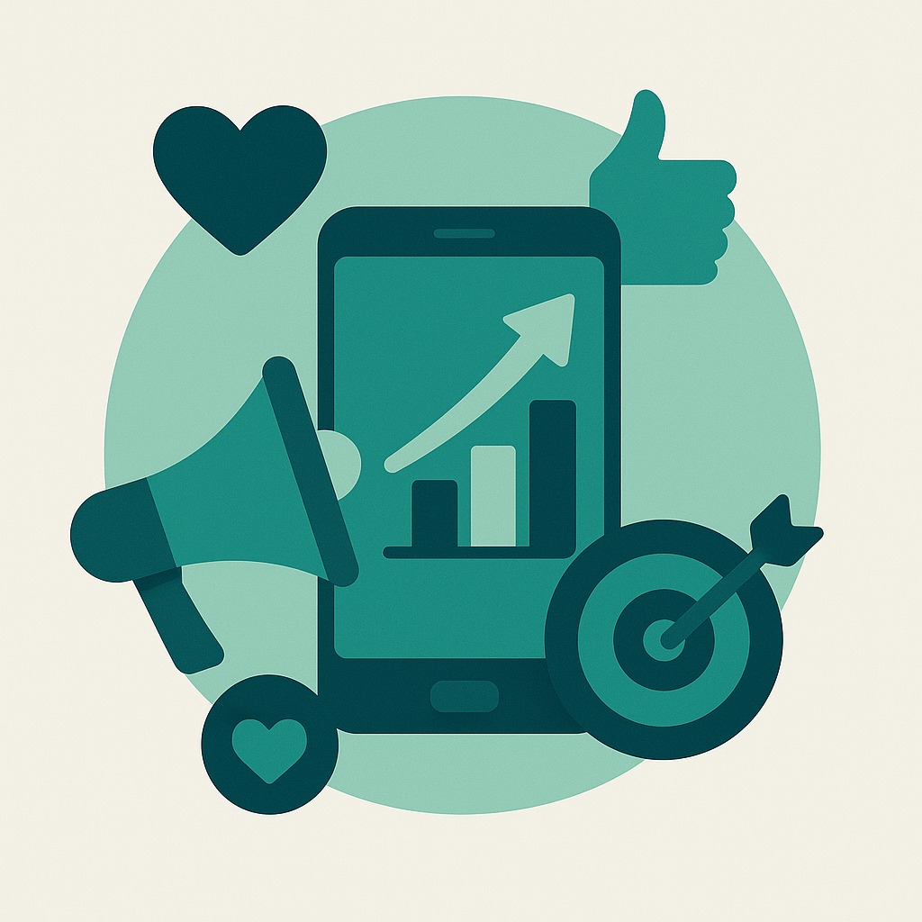 Grafic colorat cu lupă, săgeată ascendentă și pictograme ale principalelor rețele sociale, simbolizând sinergia dintre SEO și Social Media pentru creșterea vizibilității online.