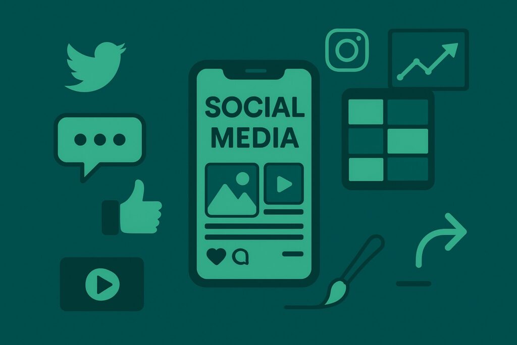 Ilustrație Ascend pentru servicii Social Media Marketing – smartphone cu postări sociale, iconuri Instagram, Twitter, like și grafic ascendent, toate în nuanțe de verde, simbolizând creșterea comunității online.